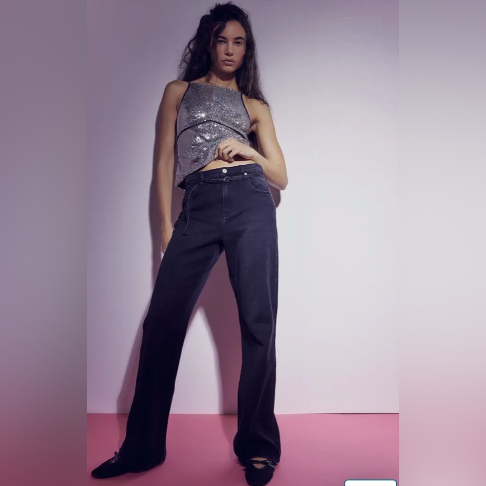 FREE PEOPLE Sabine Straight Leg Belted Jeans Washed Black NWT Smoke Show